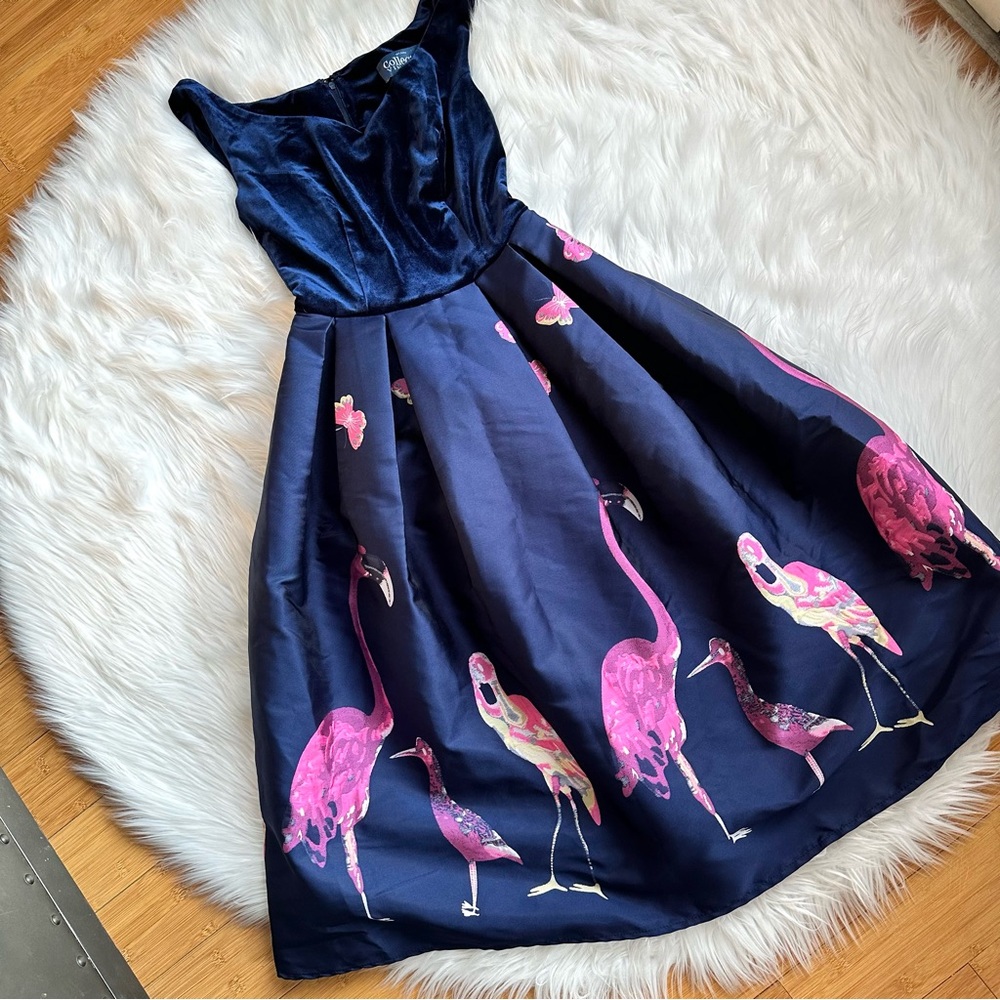 Collectif Vintage Flamingo & Butterfly Fit & Flare Mixed Media Dress Siz…